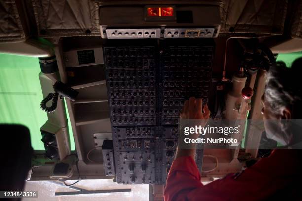 Detail of the cockpit of an AB412 helicopter in Lamezia Terme , Italy, on August 23, 2021. The flight department of the fire brigade of the airport...