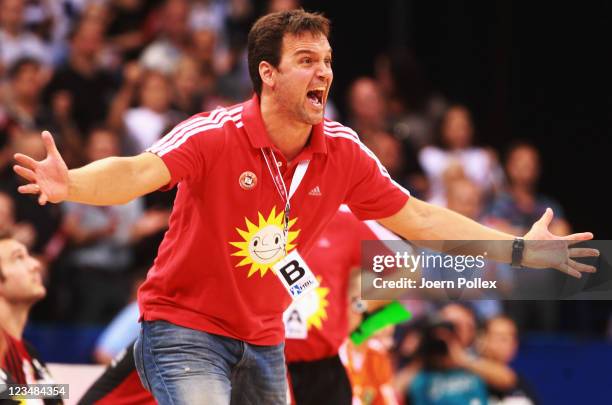 Head coach Markus Baur of Luebbecke gestures after the Toyota Handball Bundesliga match between HSV Hamburg and TuS N-Luebbecke at the o2 World Arena...