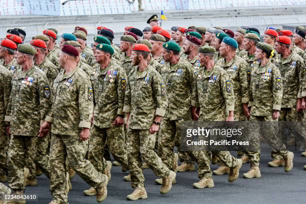 Ukrainian armed forces units participate in a rehearsal of military parade in preparation for the upcoming Independence Day on August 24 at...