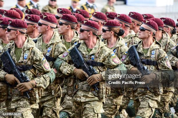 Ukrainian armed forces units participate in a rehearsal of military parade in preparation for the upcoming Independence Day on August 24 at...