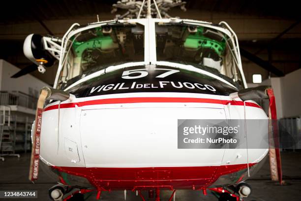 Front view of an AB412 helicopter of the firefighter in Lamezia Terme , Italy, on August 23, 2021. The flight department of the fire brigade of the...