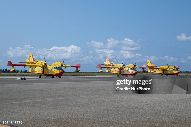 A Canadair firefighting plane waiting on the runway in Lamezia Terme , Italy, on August 23, 2021. The flight department of the fire brigade of the...