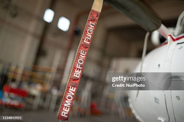 Front view of an AB412 helicopter of the firefighter with a nametag remove before flight in Lamezia Terme , Italy, on August 23, 2021. The flight...