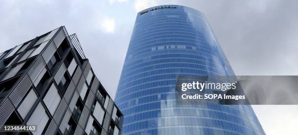 View of the Iberdrola Tower, the skyscraper that is the headquarters of the Iberdrola electric company in Bilbao. The Iberdrola Tower located in the...