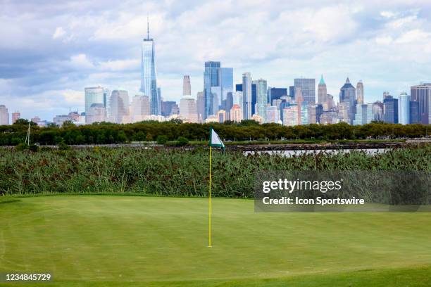 General view of the New York City skyline from the 4th green during the final round of the Northern Trust golf tournament on August 23, 2021 at...