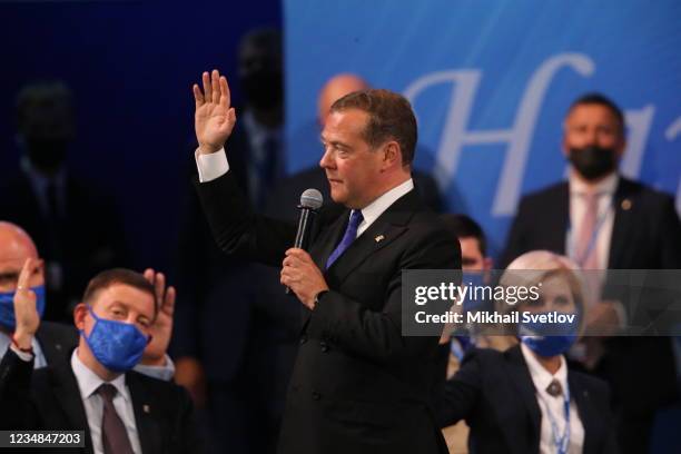 Russian Security Council Deputy Chairman and United Russia Party Leader Dmitry Medvedev votes during the United Russia Party Congress, on August 24,...