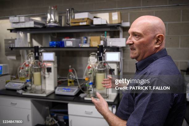 Tony Day, chief technology officer of Bond Pet Foods, speaks about the chicken in yeast fermentation process inside the laboratory at Bond Pet Foods...