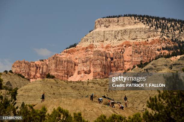 Volunteers and researchers with the Denver Museum of Nature and Science work to excavate dinosaur bones and fossils from a hillside in The Blues...