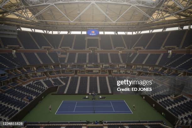 General view shows the Arthur Ashe stadium ahead of the 2021 US Open Tennis tournament at the Billie Jean King Natinal Tennis Center in Queens, New...