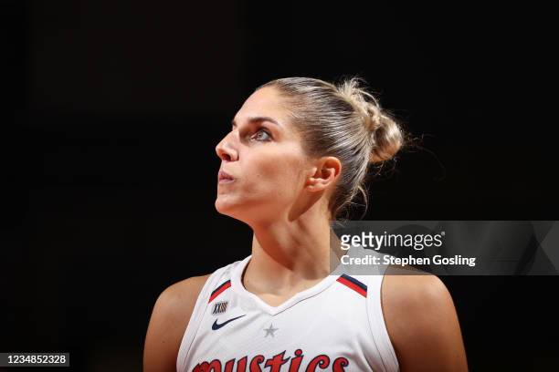 Elena Delle Donne of the Washington Mystics looks on during the game against the Los Angeles Sparks on August 24, 2021 at Entertainment & Sports...