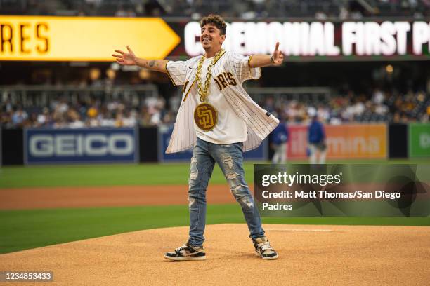 Social media personality Faze Rug throws out the ceremonial first pitch before the San Diego Padres face the Los Angeles Dodgers at Petco Park on...