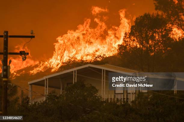 The French Fire comes close to destroying homes on August 24, 2021 in Wofford Heights, California. The 16,000-acre French Fire began August 18 and is...