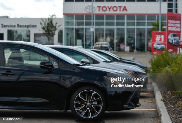 New Toyota cars parked outside a Toyota dealership in South Edmonton. On Tuesday, 23 August 2021, in Edmonton, Alberta, Canada.