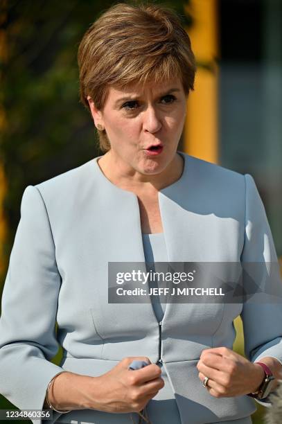 Scotland's First Minister Nicola Sturgeon gestures during a visit to launch the NHS recovery plan at the new national Centre for Sustainable Delivery...