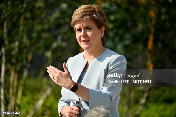 Scotland's First Minister Nicola Sturgeon gestures during a visit to launch the NHS recovery plan at the new national Centre for Sustainable Delivery...