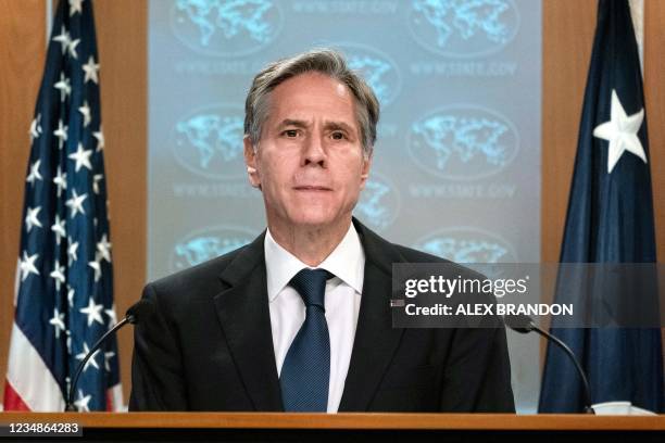 Secretary of State Antony Blinken speaks about Afghanistan during a media briefing at the State Department,on August 25 in Washington,DC.