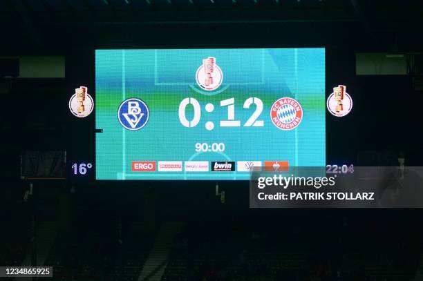 The display shows the final result of 0-12 after the German Cup first round football match SV Bremen vs Bayern Munich, in Bremen, northern Germany on...