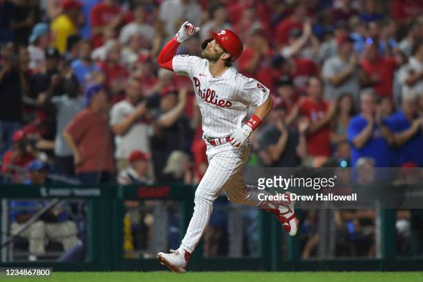 Bryce Harper of the Philadelphia Phillies celebrates after a two run home run in the fifth inning against the Tampa Bay Rays at Citizens Bank Park on...