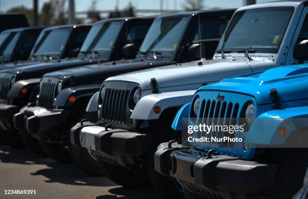 New Jeep vehicles parked outside a Chrystler, Jeep, Dodge and RAM dealership in South Edmonton. On Wednesday, 24 August 2021, in Edmonton, Alberta,...