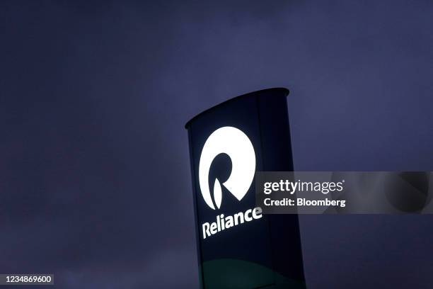 Reliance Industries Ltd. Signage at a gas station near the company's oil refinery in Jamnagar, Gujarat, India, on Saturday, July 31, 2021. The Indian...