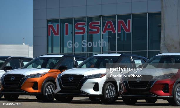 Nissan vehicles parked outside a Nissan dealership in South Edmonton. On Wednesday, 24 August 2021, in Edmonton, Alberta, Canada.