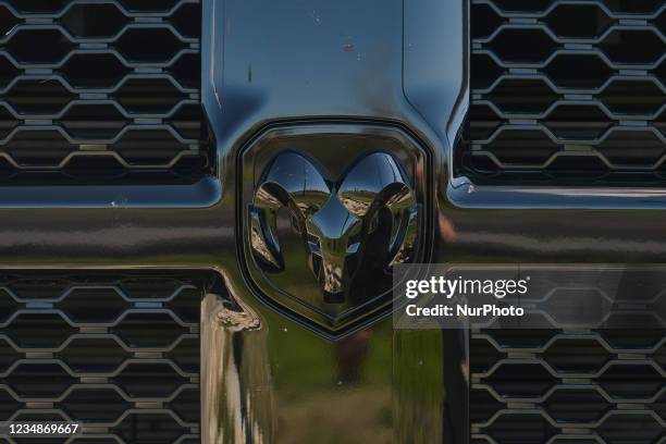 Logo seen on a parked RAM truck outside a Chrystler, Jeep, Dodge and RAM dealership in South Edmonton. On Wednesday, 24 August 2021, in Edmonton,...