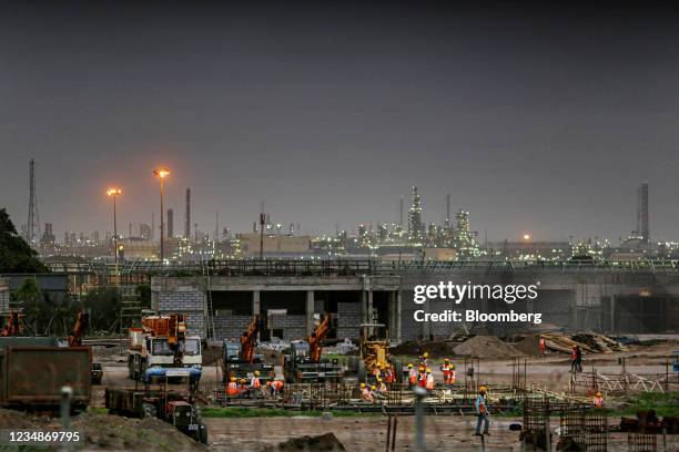Construction site near the Reliance Industries Ltd. Oil refinery in Jamnagar, Gujarat, India, on Saturday, July 31, 2021. The Indian city of Jamnagar...