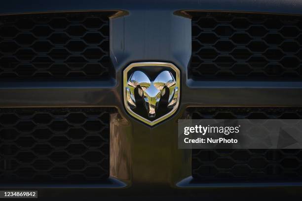 Logo seen on a parked RAM truck outside a Chrystler, Jeep, Dodge and RAM dealership in South Edmonton. On Wednesday, 24 August 2021, in Edmonton,...