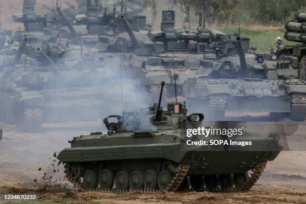 Russian Army BMP-2 amphibious infantry fighting vehicle seen during the annual Army Games defense technology international exhibition. The...