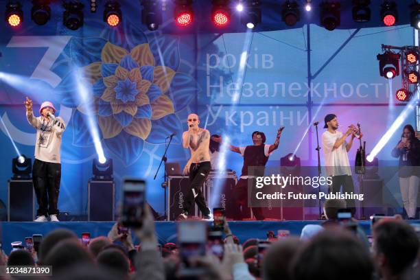 Ukrainian band Kalush performs at the festive concert on the Independence Day of Ukraine outside the National Academy of Land Forces named after...