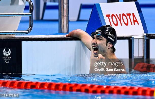 Tokyo , Japan - 26 August 2021; Takayuki Suzuki of Japan celebrates after winning the Men's S4 100 metre freestyle final at the Tokyo Aquatic Centre...