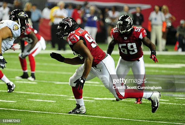 Cliff Matthews of the Atlanta Falcons rushes against the Baltimore Ravens during a preseason game at the Georgia Dome on September 1, 2011 in...