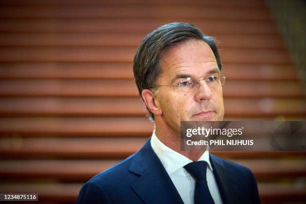 Outgoing Dutch Prime Minister Mark Rutte speaks to the press at the Ministry of AZ about the end of the evacuation mission in the Afghan capital of...