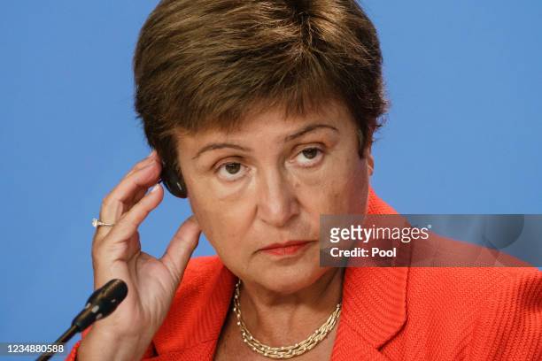 Managing Director of the International Monetary Fund Kristalina Georgieva speaks during a press conference as the Chancellor meets with economic and...