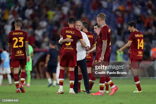 Roma head coach Jose' Mourinho with his players celebrate the victory after the UEFA Conference League Play-Offs Leg Two match between AS Roma and...