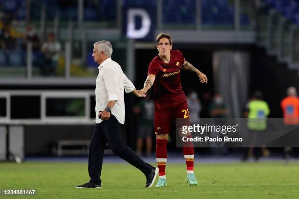 Roma head coach Jose' Mourinho and Nicolo' Zaniolo react after the UEFA Conference League Play-Offs Leg Two match between AS Roma and Trabzonspor at...