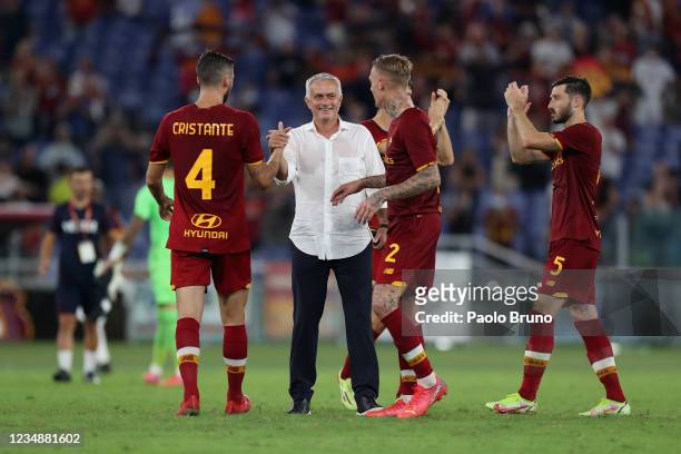 Roma head coach Jose' Mourinho with his players celebrate the victory after the UEFA Conference League Play-Offs Leg Two match between AS Roma and...