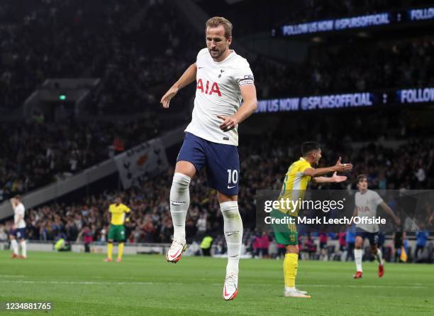 Harry Kane of Tottenham celebrates scoring their 2nd goal during the UEFA Conference League Play-Offs Leg Two match between Tottenham Hotspur and...