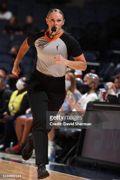 Referee, Tiffany Bird officiates the game between the Seattle Storm and the Minnesota Lynx on August 24, 2021 at Target Center in Minneapolis,...