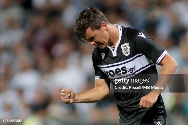 Thomas Murg of PAOK celebrates scoring his team's teams goal during the UEFA Conference League Play-Offs Leg Two match between HNK Rijeka and PAOK...