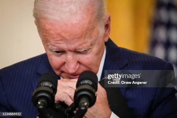 President Joe Biden speaks about the situation in Afghanistan in the East Room of the White House on August 26, 2021 in Washington, DC. At least 12...