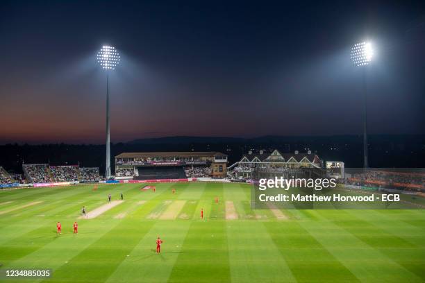 General view as cricket fans watch the Somerset CCC v Lancashire Lightning - Vitality T20 Blast Quarter Final at The Cooper Associates County Ground...