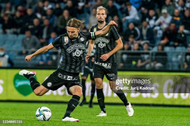 Stefan Hierlander of SK Sturm Graz shoots the ball during the UEFA Europa League Play-Offs Leg Two match between Sturm Graz and NS Mura at Merkur...