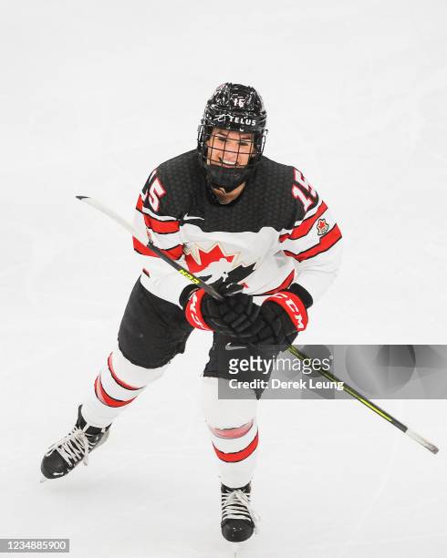 Melodie Daoust of Canada celebrates after scoring her team's first goal against United States in the 2021 IIHF Women's World Championship Group A...