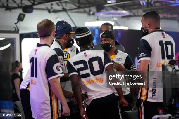 Jazz Gaming huddles during the game against the Blazer5 Gaming during the 2021 NBA 2K League Playoffs on August 26, 2021 in Dallas, Texas at the Mavs...