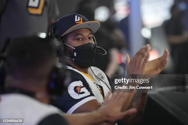 Yeah I Compete of the Jazz Gaming celebrates during the game against the Blazer5 Gaming during the 2021 NBA 2K League Playoffs on August 26, 2021 in...