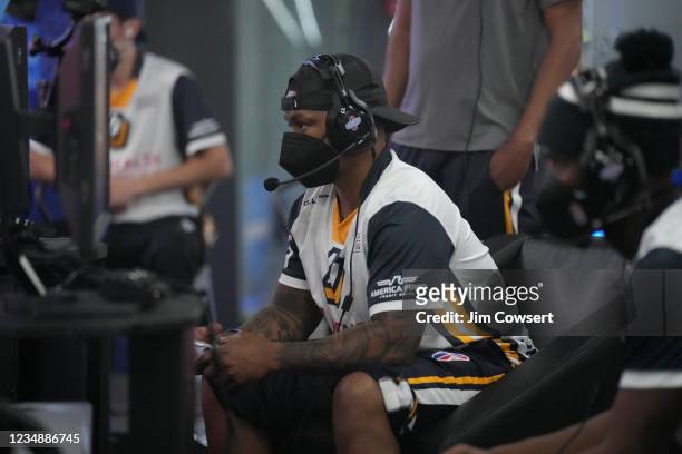 Lotty of the Jazz Gaming looks on during the game against the Blazer5 Gaming during the 2021 NBA 2K League Playoffs on August 26, 2021 in Dallas,...
