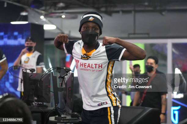 Splashy of the Jazz Gaming celebrates during the game against the Blazer5 Gaming during the 2021 NBA 2K League Playoffs on August 26, 2021 in Dallas,...