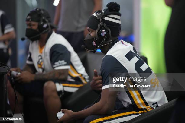 Splashy of the Jazz Gaming looks on during the game against the Blazer5 during the 2021 NBA 2K League Playoffs on August 26, 2021 in Dallas, Texas at...