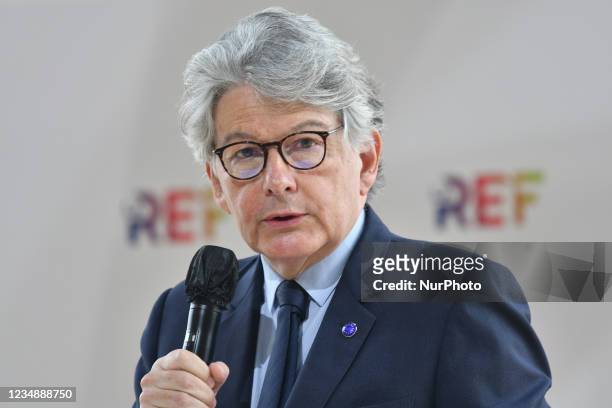 Commissioner for internal market Thierry Breton attends at The Medef's annual summer meeting 'La Ref 2021' on the Longchamp race course in Paris...